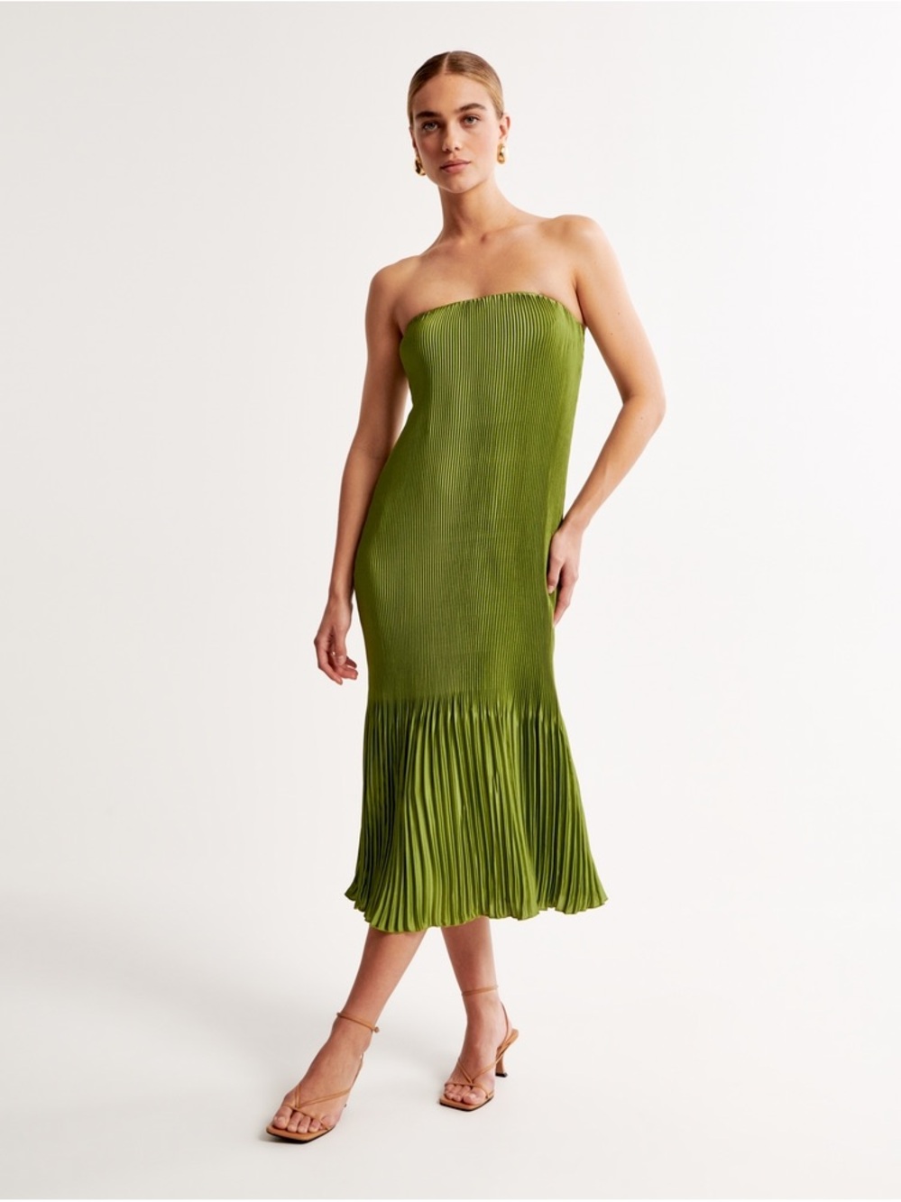 Abercrombie & Fitch Olive Strapless Pleated Midi Dress